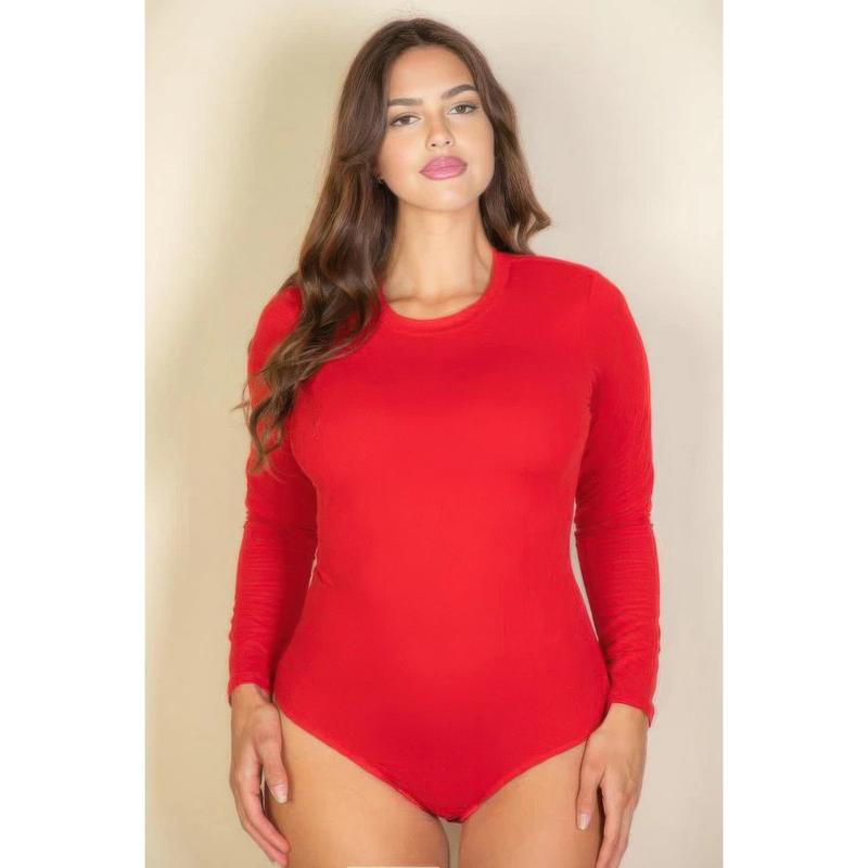 HYSY Women's Plus solid long sleeve round neck bodysuit Comfort Fabric
